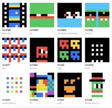 A grid of 12 pixelated, retro 8-bit style digital artworks displayed with their "1/1" titles, including recognizable character-inspired pieces like "Frozen Zinc," "sky," "bat emission/red/blue/high," "matisse," "bald," "edmond," "ONDI," "snows," "classroom royal mint," "the," "emoj," and "Vladislav rides a bike," celebrating an onchain art collaboration with @visualizevalue and @ethlabs_org featuring various crypto-artist handles.