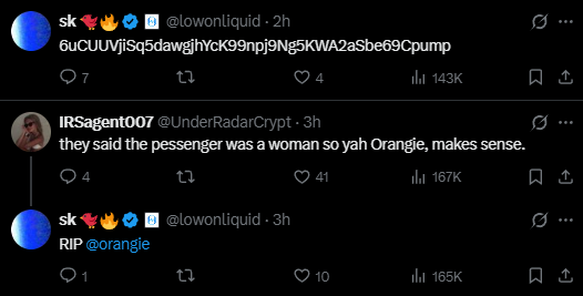 A series of tweets from sk (@lowonliquid) and IRSagent007 (@UnderRadarCrypt) discussing the identification of a victim, with a tweet stating 'RIP @orangle'.