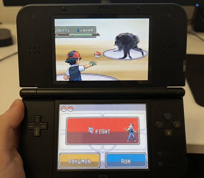 A handheld Nintendo DS-style console displays a Pokémon battle where a character named 'Jimothy' (Lv. 1000) faces a dark furry creature, with the standard FIGHT/POKéMON/RUN menu visible.