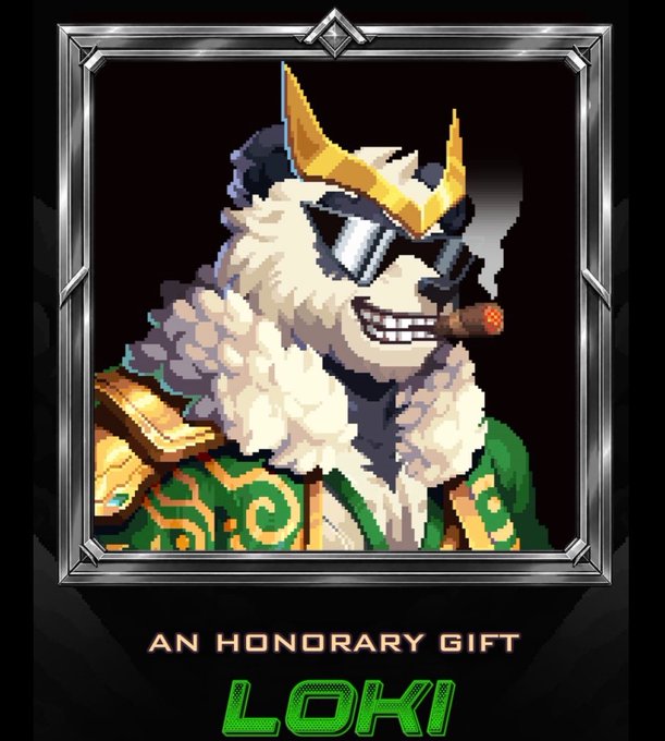A pixel art character card of an anthropomorphic animal named 'LOKI' wearing a gold horned helmet, sunglasses, a green and gold jacket, and smoking a cigar.