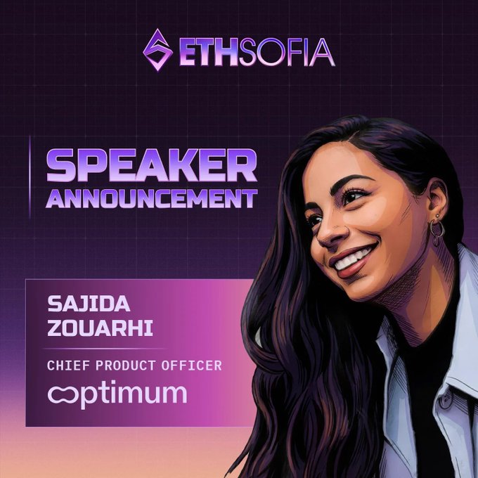 Speaker announcement graphic for ETHSofia featuring Sajida Zouarhi, Chief Product Officer at Optimum, with stylized illustrated portrait.