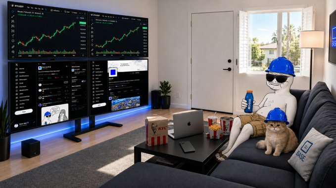 An interior scene shows a figure with a Reddit alien head wearing a blue hard hat sitting on a couch next to a cat also wearing a hard hat, with trading screens displaying BTC and ETH charts on the wall behind them.