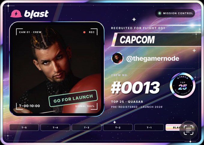 A "blast" mission control interface showing CAPCOM (@thegamernode) as crew #0013, in the Quasar Top 25, with a "GO FOR LAUNCH" signal at 100%.
