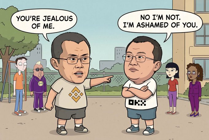 A cartoon-style meme illustration of two men arguing, with speech bubbles reading 'YOU'RE JEALOUS OF ME.' and 'NO I'M NOT. I'M ASHAMED OF YOU.'