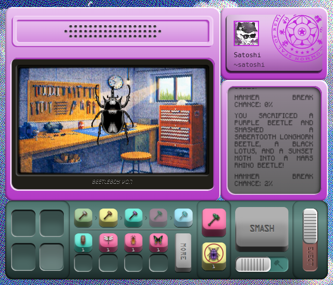 A pixel art game screen displaying a beetle workshop with text reading 'YOU SACRIFICED A PURPLE BEETLE AND SMASHED A SABERTOOTH LONGHORN BEETLE...' and a 'SMASH' button.