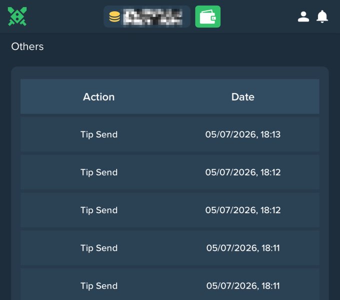 The image shows a transaction history page displaying multiple "Tip Send" entries, all dated 05/07/2026 between 18:11 and 18:13, providing visual evidence supporting the user's offer to tip others on Duelbits.