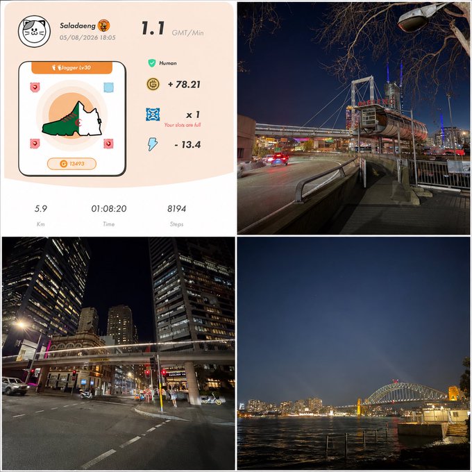 A collage showing a STEPN app screenshot with user 'Saladaeng' stats alongside night-time city photos featuring urban buildings, a pedestrian bridge, and a waterfront view.