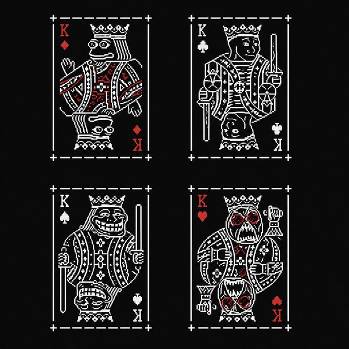 Four playing card designs (King of Diamonds, King of Clubs, King of Spades, and a skull-faced King of Hearts) rendered in stylized artwork on a black background.