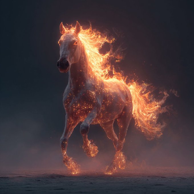 A white horse running with its mane and tail engulfed in dramatic flames against a dark, smoky background.