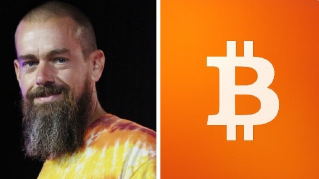 Jack Dorsey, Block's co-founder, pictured alongside the Bitcoin (₿) logo, illustrating Block's expansion of Bitcoin payments to over 800,000 U.S. merchants with up to 5% BTC cash back incentives.