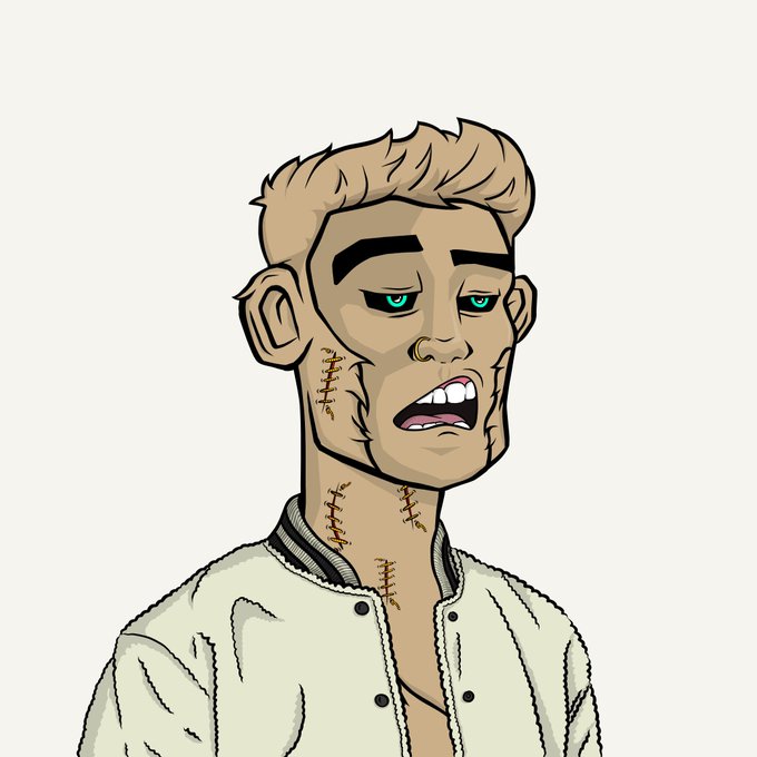 A cartoon illustration of a young man with blonde hair, green eyes, stitched scars on his face and neck, and an unbuttoned jacket over a bare torso, looking dazed with his mouth open.