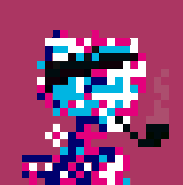 A pixel art character featuring a futuristic helmet with cyan visor, rendered in a pink, white, blue, and black color palette against a dark mauve background.