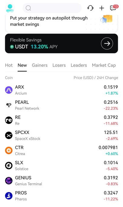 A cryptocurrency app interface showing 'Flexible Savings USDT 13.20% APY' and a 'New' tab listing coins including ARX (Arcium) at 0.1519, PEARL (Pearl Network) at 0.2516, RE at 0.3792, SPCXX (SpaceX xStock) at 125.51, CTR (Citrea) at 0.007981, SLX (Solstice) at 0.1014, GENIUS (Genius Terminal) at 0.3192, and PROS (Pharos) at 0.3247.