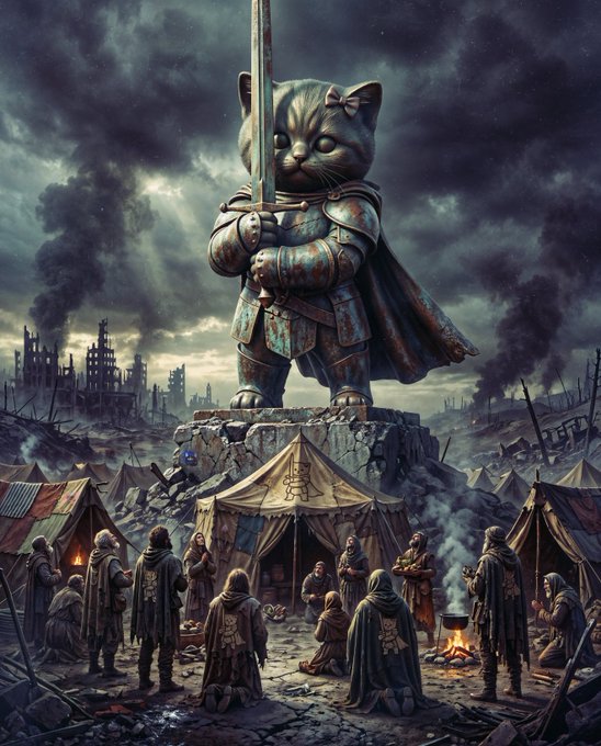 A dark fantasy digital artwork showing a giant cat statue dressed as a knight holding a sword, towering over a refugee camp with hooded figures gathered around tents and fires under a smoky sky.