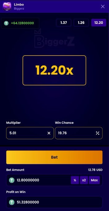 Screenshot of a mobile betting app called 'BiggerZ' showing a 'Limbo' game with a 12.20x multiplier, a bet amount of 12.800000000, and a potential profit of 51.328000000.