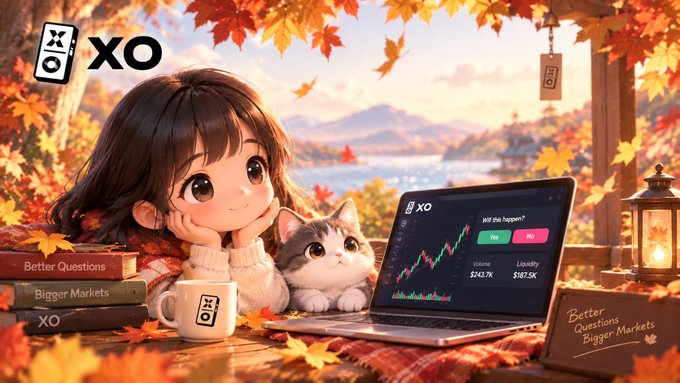 Anime-style artwork featuring a girl and a cat sitting at a table in a setting with autumn leaves, looking at a laptop screen displaying a trading chart for 'XO'. The scene includes books titled 'Better Questions, Bigger Markets' and an 'XO' branded mug and notebook.