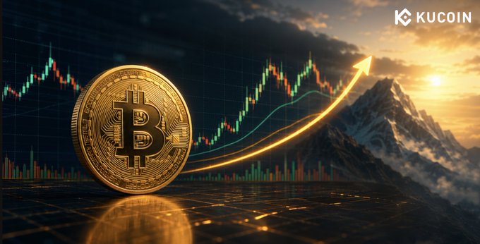 The image features a gold Bitcoin coin alongside an upward-trending candlestick chart set against a mountainous sunset backdrop, with the KuCoin logo in the top right corner. An illuminated arrow rising across the peaks symbolizes the bullish "massive structural setup" referenced in the post, visually reinforcing the message that Bitcoin's macro Elliott Wave pattern signals a powerful trend reversal despite short-term price consolidation below $64k.