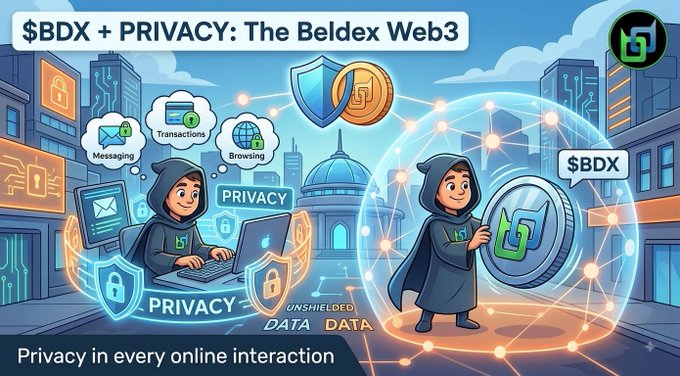 A cartoon illustration promoting '$BDX + PRIVACY: The Beldex Web3' and 'Privacy in every online interaction' featuring cloaked characters with digital devices.