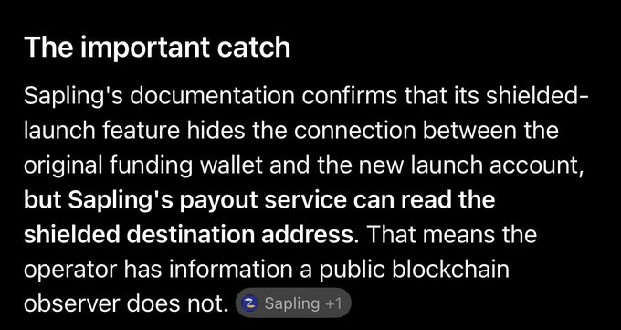 A dark image with white text titled 'The important catch' explaining that Sapling's shielded-launch feature hides the connection between funding wallets and launch accounts, but Sapling's payout service can still read the shielded destination address, giving the operator information not visible to public blockchain observers.