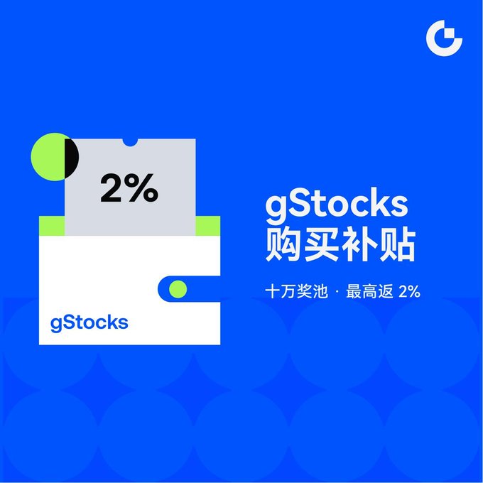 A blue promotional graphic for gStocks featuring a wallet icon with '2%' on it and Chinese text reading '购买补贴' (Purchase Subsidy) and '十万奖池 · 最高返2%' (Hundred thousand prize pool · up to 2% return).