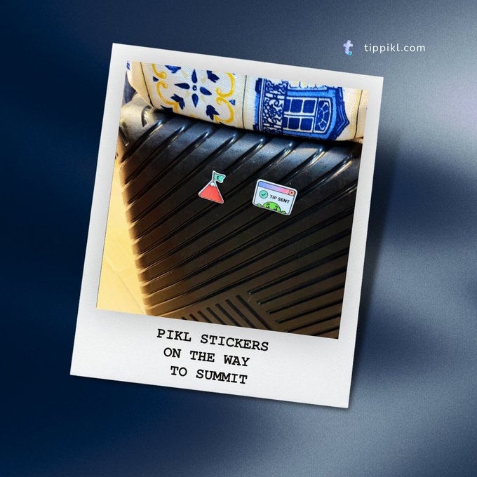 A polaroid-style image shows a fabric roll with blue and yellow patterns and two small stickers (one resembling a flask, another labeled 'TIP SENT') on a ridged metallic surface, with text below reading 'PIKL STICKERS ON THE WAY TO SUMMIT' and a 'tippikl.com' watermark.