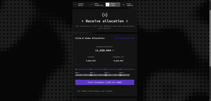 A cryptocurrency dashboard showing a 'Receive allocation' panel with a total allocation of 11,630,044 tokens, 5,815,022 claimed and eligible, with a vesting schedule ending in 2029-08-31 and total claims of 2,907,511 $SONE.