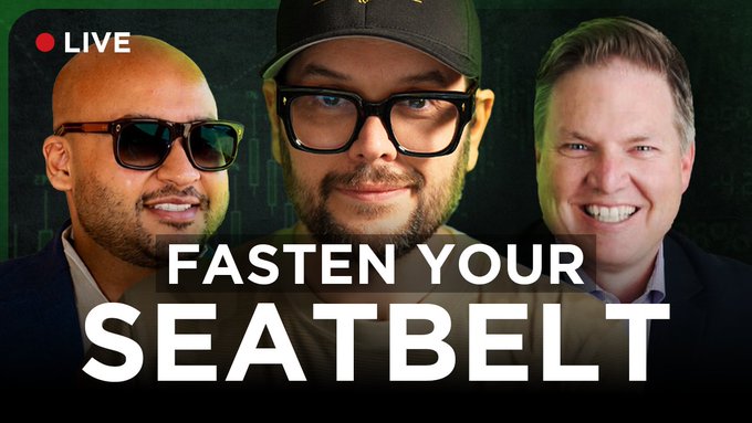 A live stream thumbnail titled 'FASTEN YOUR SEATBELT' featuring three men against a dark green background.