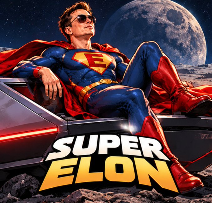AI-generated superhero image labeled 'SUPER ELON' depicting a man in a Superman-style suit lounging on a futuristic vehicle on a rocky lunar surface.