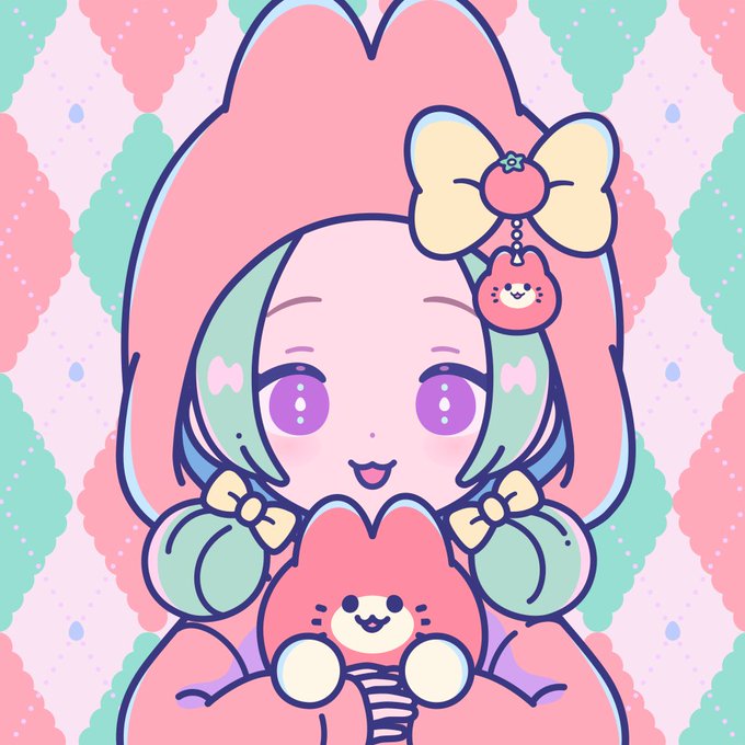 A cute kawaii-style illustration of a pink-haired anime character with a yellow bow and cat charm, holding a pink bear plushie against a pastel striped background.