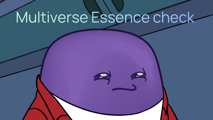 A smug-looking purple cartoon character wearing a red hoodie smirks at the camera beneath the text "Multiverse Essence check," playfully prompting viewers to confess how much they have—playing on the character's knowing expression as if judging their answer.