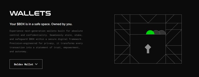 A dark promotional graphic for 'WALLETS' describing $BDX as securely stored in a 'safe space,' featuring a geometric wallet illustration and a 'Beldex Wallet' dropdown menu.