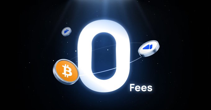 A stylized digital illustration features a large glowing white "0" symbol with the word "Fees" beside it, surrounded by floating cryptocurrency coin icons (including Bitcoin) against a dark, starry background, visually emphasizing the concept of zero trading fees in the crypto space. The image complements the post's message about crypto and stock products by highlighting a key benefit—zero fees—while the caption's reference to risk reinforces the idea that low-cost trading platforms (like those offering "0 Fees") still require careful risk assessment.