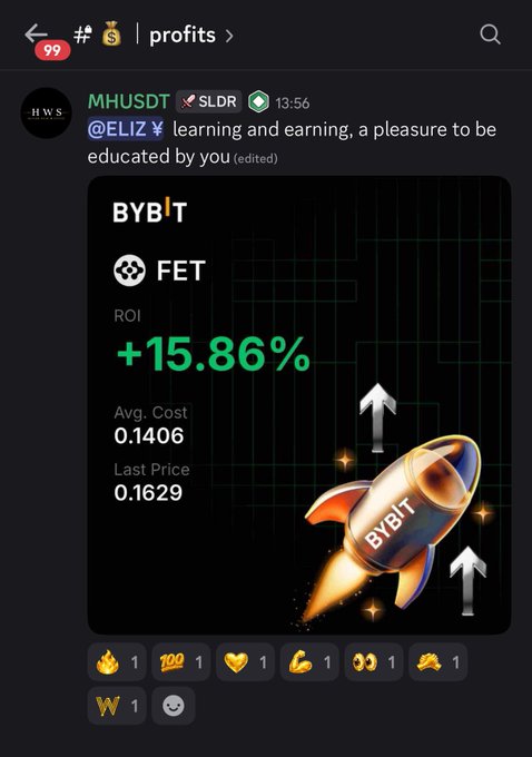 A Telegram channel post in the #profits chat showing a +15.86% ROI on FET (BYBIT) trade with average cost 0.1406 and last price 0.1629, featuring a rocket graphic.