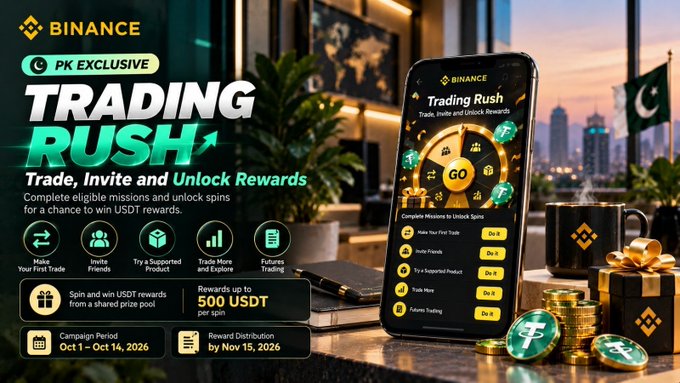 A Binance "PK Exclusive Trading Rush" promotional graphic advertises a Pakistan-only campaign running October 1–14, 2026, with rewards up to 500 USDT per spin, featuring tasks like making a first trade, inviting friends, trading futures, and exploring products. The image ties to the caption by highlighting a campaign aimed at engaging Pakistan-based Binance users who have completed KYC but haven't yet traded.