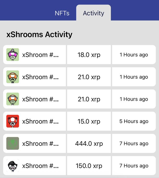 Mobile app screenshot showing the 'Activity' tab with 'xShrooms Activity' listing transactions in XRP (18.0 xrp, 21.0 xrp, 15.0 xrp, 444.0 xrp, 150.0 xrp) with various mushroom character icons and timestamps.