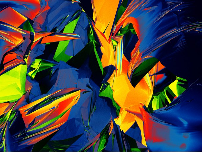A vibrant abstract digital artwork featuring sharp, fragmented geometric shards of blue, green, orange, and yellow that create a dynamic, explosive composition.