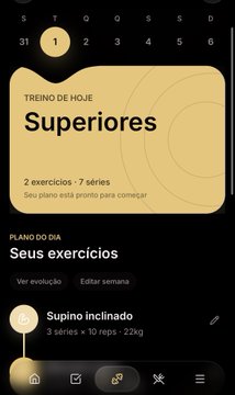 A screenshot of a workout tracking app showing today's training session "Superiores" with a focus on "Seus exercícios" featuring Supino inclinado (3 séries × 10 reps × 2.2kg). The interface displays a weekly calendar, a yellow "Treino de Hoje" card, and navigation icons at the bottom, though it doesn't appear directly related to the post's discussion about a $20 versus $100 codex subscription.