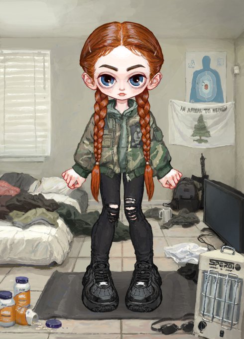 A stylized illustration of a girl with red braided hair wearing a camouflage jacket and ripped jeans, standing in a messy room with a 'I'M ANIMAL TO WEAR' flag and a 'SPERO' device visible.