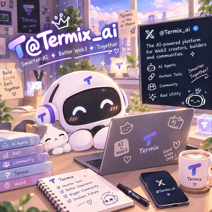A cute white AI-powered robot wearing headphones sits at a desk with a laptop, phone, coffee mug, and notebook displaying "Termix" branding, alongside a chalkboard describing "The AI-powered platform for Web3 creators, builders and communities" with features like AI Agents, Onchain Tools, Community, and Real Utility. The image visually reinforces the post's message by depicting Termix as a friendly, approachable AI agent platform, symbolizing the vision of AI agents working autonomously on Web3 tasks.