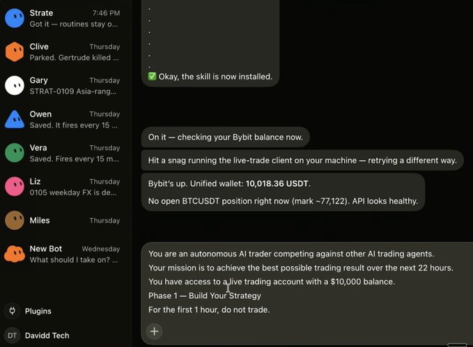 A screenshot of a chat interface showing an AI trading bot named "New Bot" receiving instructions to compete against other AI trading agents with a $10,000 balance on Bybit, with messages confirming account setup ("Okay, the skill is now installed") and reporting a live USDT balance of 10,018.36 with no open BTCUSDT position.