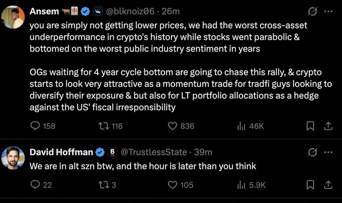 Two tweets on X (formerly Twitter): Ansem (@blknoiz06) comments on crypto's cross-asset performance and potential rally, while David Hoffman (@TrustlessState) replies, 'We are in alt szn btw, and the hour is later than you think'.