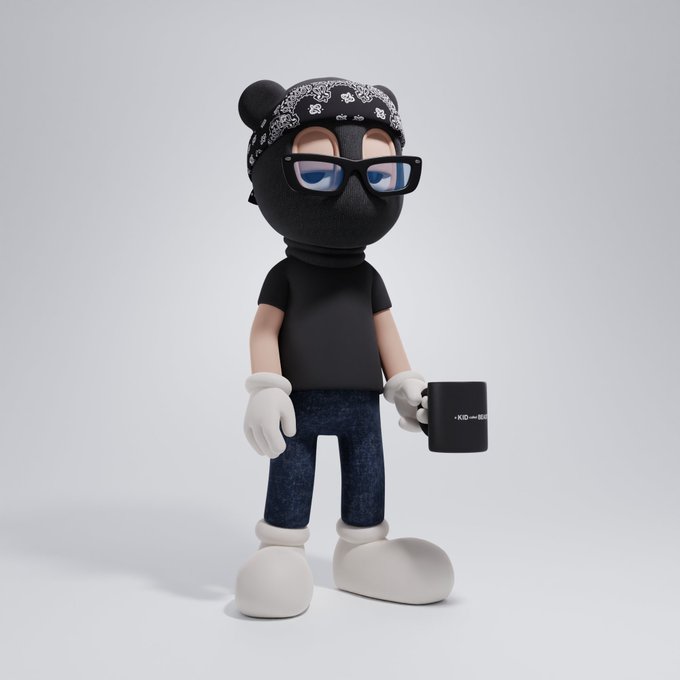 A 3D-rendered figurine of a character in an all-black outfit featuring a black bandana mask, glasses, black t-shirt, dark jeans, and white gloves and shoes, holding a black mug against a gray background.