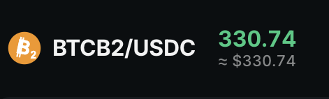 A cryptocurrency price ticker displays 'BTCB2/USDC' with a value of 330.74, approximately equal to $330.74, alongside a Bitcoin logo.