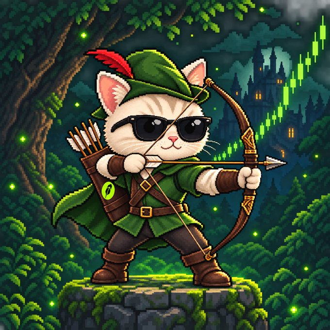 A pixel-art illustration of a cat dressed as a Robin Hood-style archer in a green tunic and feathered hat, wearing sunglasses and drawing a bow, with a green candlestick chart rising against a moonlit castle in the background.