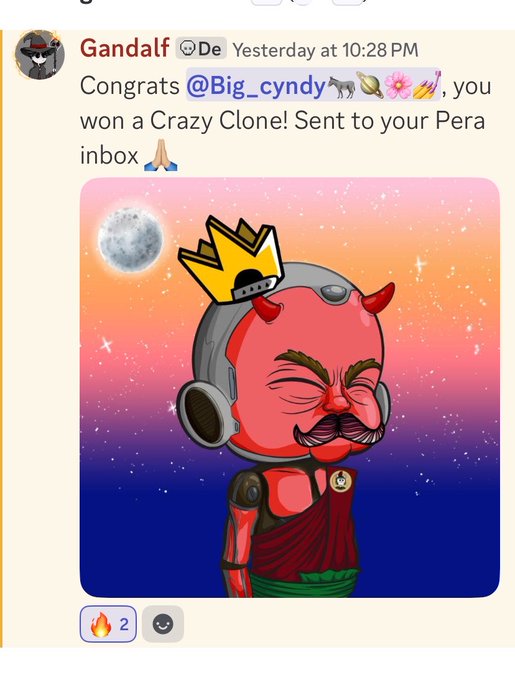 A Discord message from user 'Gandalf' congratulates '@Big_cyndy' on winning a 'Crazy Clone,' featuring a digital artwork of a red devil character wearing a crown and headphones.