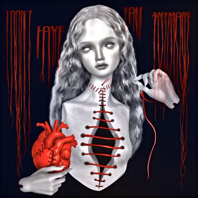 A dark, gothic digital illustration of a pale woman holding a red anatomical heart, with text dripping in red that reads 'Won't love you anymore.'
