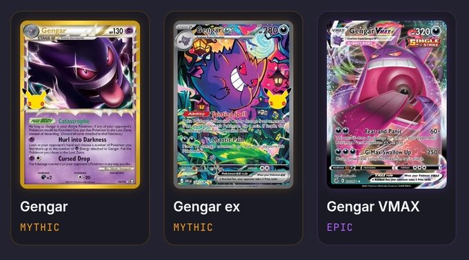 Three Pokémon trading cards displayed side by side: Genpar (Mythic), Gengar ex (Mythic), and Gengar VMAX (Epic).