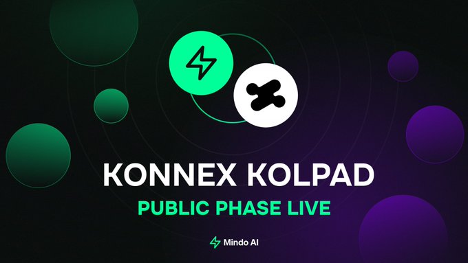 A promotional graphic for 'KONNEX KOLPAD' announcing 'PUBLIC PHASE LIVE' with the Mindo AI logo, featuring green and white circular icons.