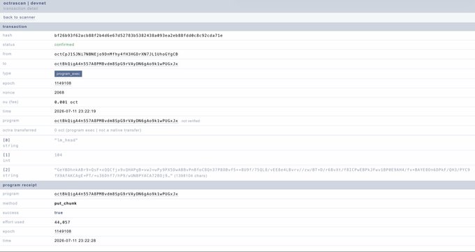 The image shows an Octrascan transaction receipt on Devnet for hash "bf28693f62ecb88f26e06e07d52783b5382438a093ea2ebb8fd40c0c92cda71e," where a program named "octt86klpA4kn5r5A8PMDvm85pQSrzkqDN6qdwbk1kvPUGk2x" used method "put_chunk" to store a 184-byte encrypted LLM chunk onchain for the token "lm_head," burning 44,857 compute units. This directly supports the post's observation that shortly after the devnet came back online, a user began uploading encrypted language model data via chunked onchain storage transactions.