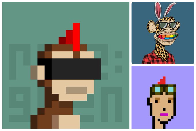 The image features a collage of three different cartoon characters, including a monkey wearing glasses with red hair, an avatar from BAYC & V1Punk, and another avatar that looks like a person. The characters are all dressed up and appear to be in a fun and playful mood. The post includes text that reads "Thank you @jed_131 for the heads-up that this nice @re_generates 1/1 is listed." This suggests that someone has shared an interesting or amusing piece of information about the image, possibly related to the characters depicted.